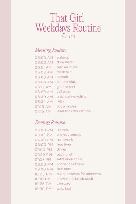 ✨ That Girl Weekday Routine ✨ Stay on top of your goals with a productive and balanced weekday routine! Start your mornings with a workout, a nourishing breakfast, and a skincare ritual. Stay organized with a daily to-do list, focused work sessions, and healthy meals. Prioritize self-care in the evenings with relaxation, journaling, and prepping for the next day. 🌸✨ #ThatGirlRoutine #HealthyHabits #ProductiveWeek #SelfCare #GlowUp Weekend Routines, Weekday Routine, Morning Workout Motivation, Weekend Routine, Morning Routines List, Selfcare Tips, Night Routines, School Routine For Teens, Morning Routine Productive