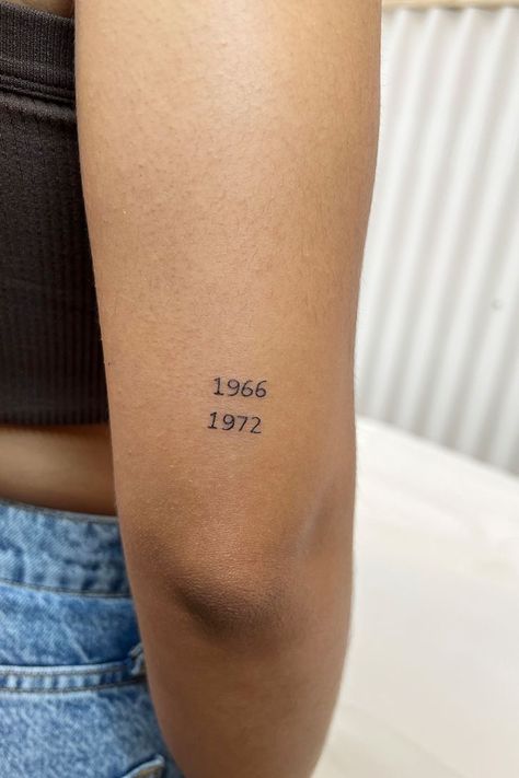 Birth Year Tattoo Arm, Small Years Tattoo, Small Year Tattoos, Parents Birth Years Tattoo, Birthyear Tattoo On Arm, Dainty Birth Year Tattoo, 1983 Tattoo Ideas, Parents Year Tattoo, Year Tattoo On Arm