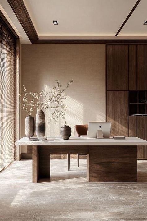 Home Office Japandi Style, Japanese Style Office Design, Japanese Home Office Design, Japandi Interiors Office, Japandi Modern Interior Design, Modern House Office, Japanese Office Design, Japandi Workspace, Japanese Home Office