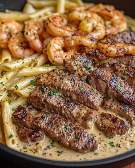 Steak And Shrimp Alfredo, Shrimp And Steak Alfredo Pasta, Steak Alfredo Pasta, Steak Alfredo, Steak Shrimp, Steak And Shrimp, Shrimp Alfredo, Pasta Ingredients, Cajun Shrimp