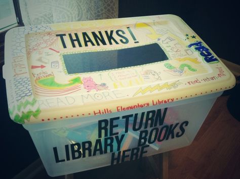 Made this simple DIY book return to put in the school lobby for over the summer. Families can easily drop off books right inside the front door. Clear tub, vinyl letters for mailboxes/garage sale signs, and some sharpies! Hills Elementary School Library, Iowa City, Iowa. Diy Library Book Return, Library Book Return Box Cute Ideas, School Library Book Return Ideas, Small School Library Ideas, Small School Library Design, Small School Library, Library Book Return, School Lobby, Cricut Classroom