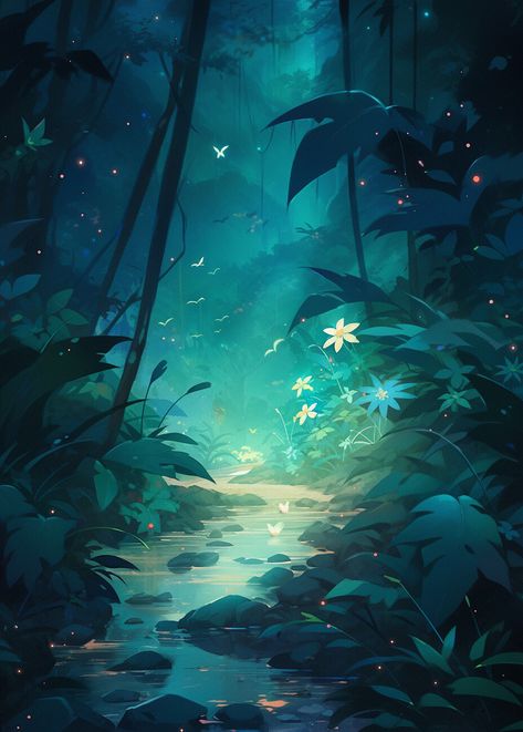 Wallpaper Ethereal, Retro Night, Forest Wildlife, Night Nature, Forest And Wildlife, Jungle Art, Night Forest, Fantasy Places, In The Jungle