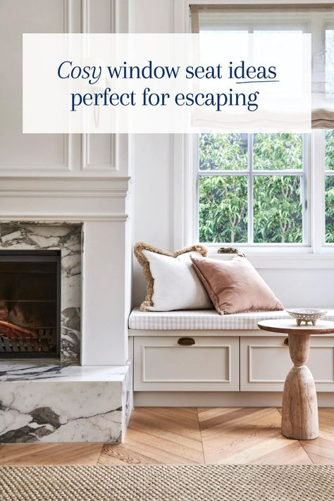 It’s impossible not to love the warm appeal of a window seat.  From snug library benches to modern seats with built-in storage, tap the link now for 13 of our favourite homes with cosy window seats. Built In Window Seat Living Room, Square Window Seat, Benches Under Windows, Window Seats Next To Fireplace, Window Seating In Living Room, Cottage Window Seat, Window Seat Next To Fireplace, Window Seat Ideas Living Room, Snug Library