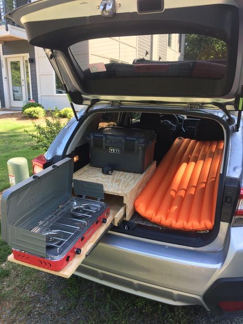 Subaru Crosstrek Build, Subaru Crosstrek Car Camping, Car Camping Crosstrek, Subaru Crosstrek Overland, Crosstrek Car Camping, Suv Organization Ideas, Subaru Crosstrek Camping, Suv Camping Ideas, Subaru Car Camping