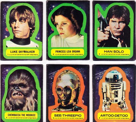 Vintage Star Wars Stickers (from the original Blue Set of Topps Star Wars cards). As a kid, I spent every penny of my allowance on these Topps cards. Back then, there was no such thing as DVDs or Blu-Ray Disks. So, the only way to "re-live" the movie was to rip open pack after pack of these trading cards... Bubble Gum Cards, Star Wars Cards, Star Wars Stickers, Childhood Memories 70s, 80s Nostalgia, Vintage Star, Vintage Star Wars, Princess Leia, The 1960s