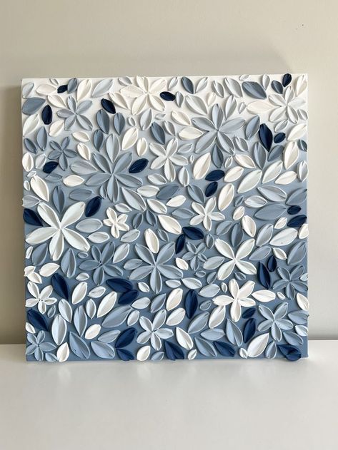 Cute Texture Painting, Blue Textured Painting, Texture Canvas Diy, Painting Ideas With Texture, Blue Texture Painting, Diy Texture Art Canvases, Floral Textured Painting, Texture Floral Art, Textured Floral Paintings