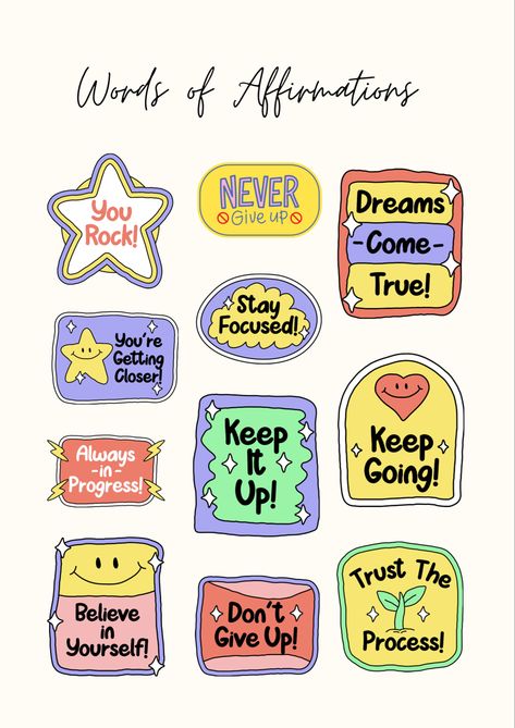 Words of Affirmations Stickers | Stickers Caracas, Motivational Quotes Stickers Printable, English Stickers Printable, Positive Stickers Printable, Motivation Stickers Printable, Goodnote Stickers, Words Of Affirmations, Kids Lunch Box Notes, Travel Merchandise