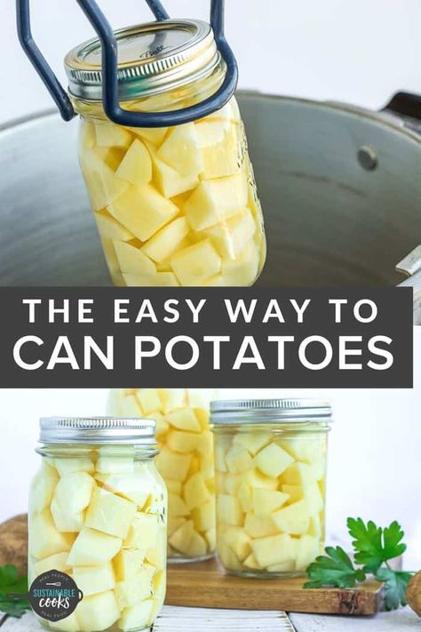 How To Pressure Can Potatoes, How To Can Potato Soup, Water Bath Canned Potatoes, Pressure Canned Potatoes, Canning Ham And Potato Soup, Simple Canning Recipes, Potato Canning Recipes, Pressure Canning Potatoes, How To Can Potatoes In A Water Bath