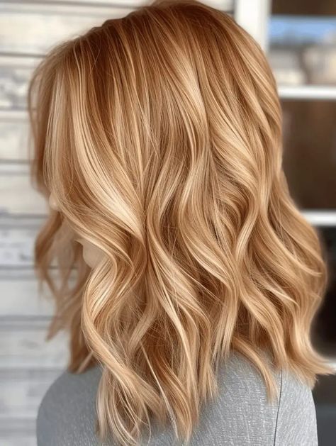 Honey Wheat Hair Color, Medium Hair With Lots Of Layers, Medium Strawberry Blonde Hair, Spring Red Hair Color, Cherry Blonde, Red And Blonde, Copper Blonde Hair, Light Strawberry Blonde, Warm Blonde Hair