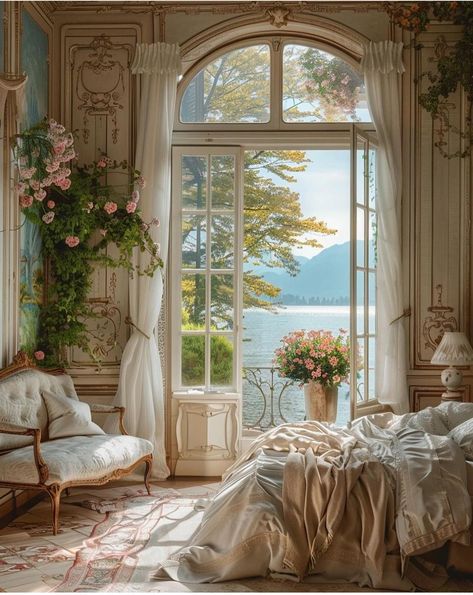 Italy Bedroom Aesthetic, Italian Room Aesthetic, Italian Villa Bedroom, Wildflower Bedroom, Bedroom With A View, Bohemian Bedroom Ideas, Bohemian Bedroom Design, Castle Bedroom, Serene Bedroom