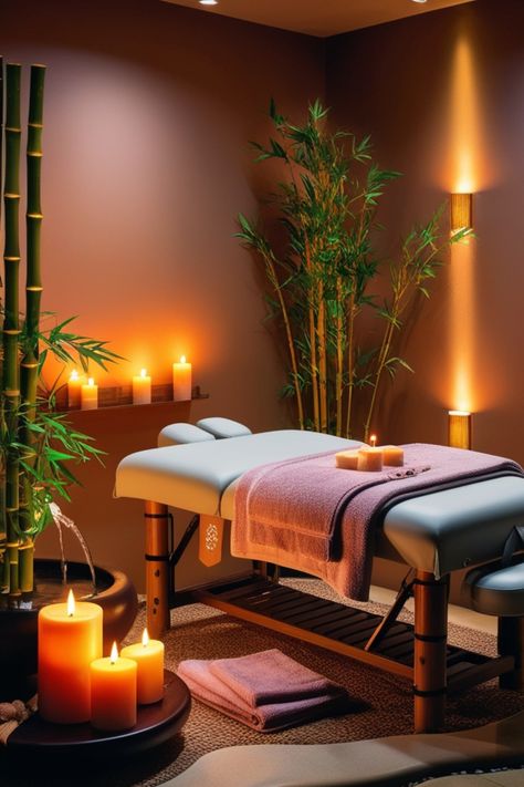 Simple Massage Room Ideas, Brick Wall Spa Room, Massage Parlor Design, Massage Cabinet Room Ideas, At Home Spa Set Up, Bali Massage Room, Massage Room Decor Zen, Spa Decorations Ideas, Salon Interior Design Earthy