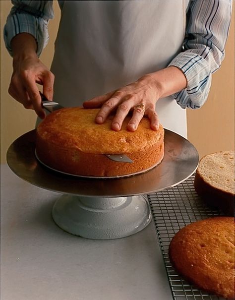 Step 1: Trim the Cake How To Make Two Layer Round Cake, How To Make Round Cakes Flat, 8 Inch Layer Cake, How To Make A Round Birthday Cake, How To Layer Cakes With Filling, How To Make A Round Cake, How To Layer A Cake, Round Cake Decorating Ideas, Freezing Cakes