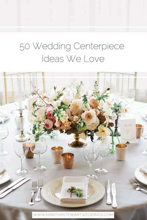 50 Wedding Centerpiece Ideas We Love | Martha Stewart Weddings - Get inspired by these flower arrangements before decorating your reception tables. #weddingdecor #weddingflorals #centerpieceideas Candles, Wedding Centrepieces, Table Settings, Round Table, Table Set, The Table, Wedding Centerpieces, Table Setting, Wedding Inspo