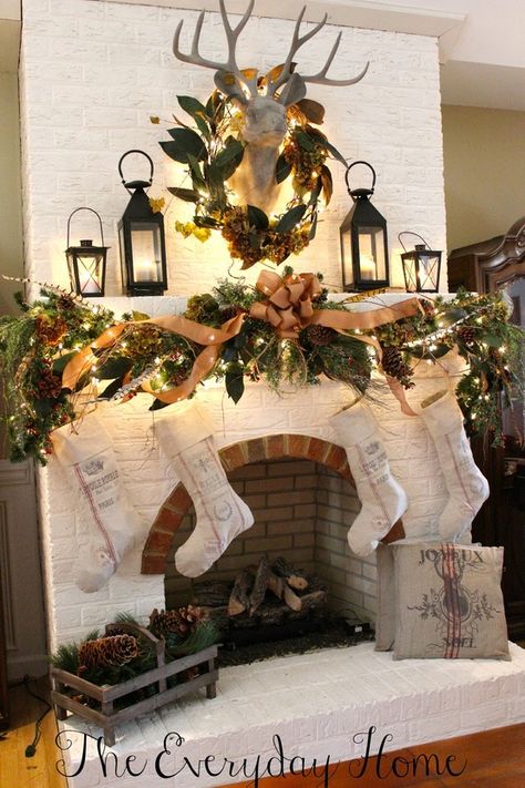 Christmas mantel Christmas Mantles, Holiday Mantel, Christmas Mantel, Christmas Mantle, Christmas Mantels, Christmas Fireplace, Oh Deer, Deer Head, Mantel Decorations