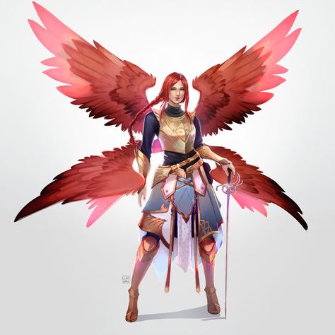 Female Aasimar Art, Aasimar Wings, Aasimar Character Design, Characters With Wings, Red Haired Angel, Character With Wings, Wings Character, Aasimar Paladin, Evelynn League Of Legends