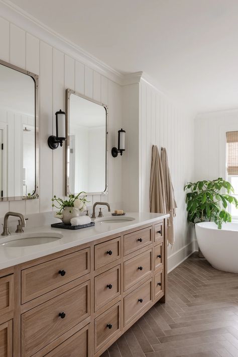 Modern Bathroom Decor Ideas, Transitional Coastal, New House Bathroom, Moon Mirror, Bathroom Lights, Transitional Bathroom, White Marble Countertops, Bathroom Wall Sconces, Bathroom Update