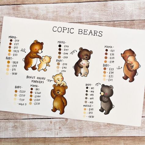 Emily Easton on Instagram: "Another copic critter coloring guide! Bears are super fun and surprisingly versatile to color! We have beautiful black bears on our property here in Maryland, do you have bears where you are? 🧸 Stamps are from @hellobluebird.stamps #copic #copicmarkers #coloring #copiccoloring #copiccoloringforcardmakers #cardmaker #cardmakersofinstagram #hellobluebirdstamps #stamping #stamps #stampcoloring #handmadecards #greetingcards #handmademaryland #cutestamps #bears #ohuhuma Copic Color Combos, Copic Combinations, Spectrum Noir Markers Coloring, Copic Marker Color Chart, Copic Tips, Copic Combos, Copic Color Chart, Copic Tutorials, Copic Markers Tutorial