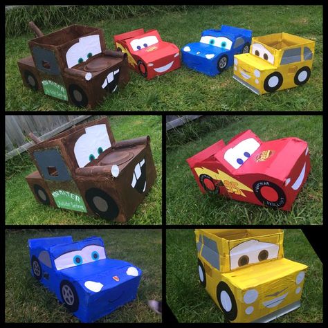 Disney Cars cardboard box car. Made these for my son birthday party. Lightning McQueen, Tow Mater, Luigi and Sally. Cars Party Ideas, Disney Cars Theme, Auto Party, Cardboard Box Car, Kindergarten Party, Cardboard Car, Disney Cars Party, Disney Cars Birthday, Cars Birthday Party Disney