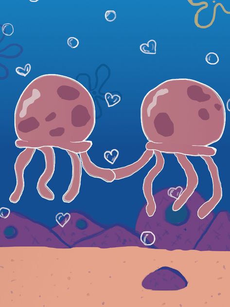 Spongebob Jellyfish Drawing, Jelly Fish Spongebob, Spongebob Jellyfish Painting, Cute Jellyfish Drawing, Spongebob Love, Spongebob Painting Ideas, Spongebob Jellyfish, Abc Animals, Pink Canvas Art