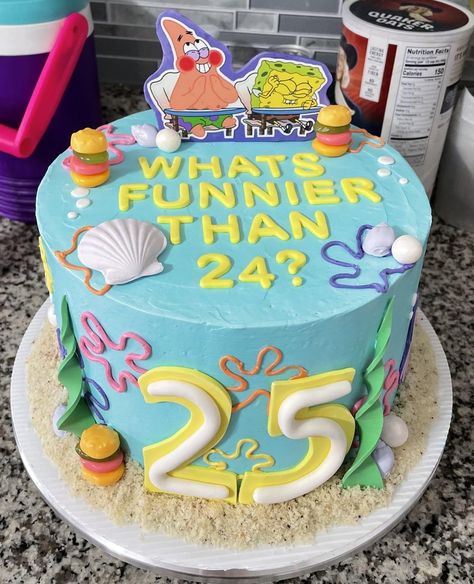 25th Birthday Ideas For Him Spongebob, Spongebob Birthday Aesthetic, 25 Birthday Spongebob Cake, 25th Birthday Spongebob Cake, 25th Bday Spongebob, Spongebob What's Funnier Than 24 Cake, Simple Spongebob Cake, Spongebob Birthday Party 25 Cake, Sponge Bob 25 Birthday Ideas