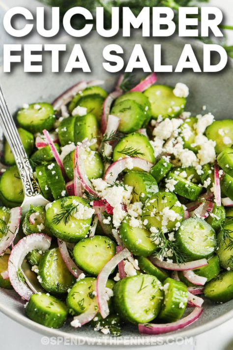 Essen, Cucumber And Feta Cheese Salad, Smashed Cucumber Salad With Feta, Cucumber Feta Salad Recipes, Lemon Cucumber Salad, Garden Salad Ideas, Picnic Salads, Fire Recipes, Cucumber Salad Vinegar