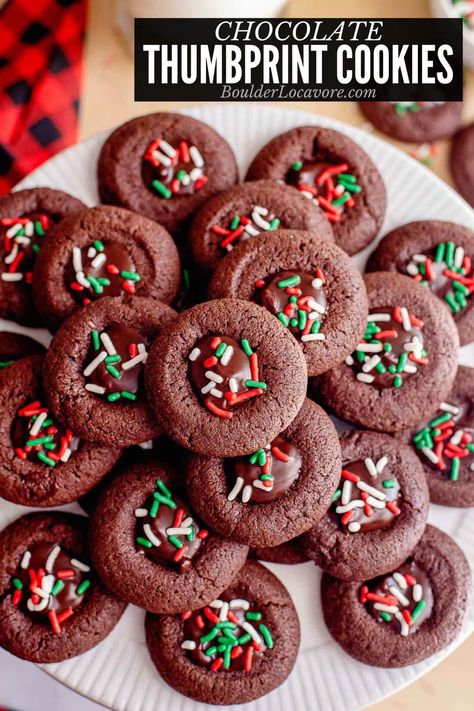 Soft chocolate cookies with creamy chocolate ganache in the center topped with sprinkles or candy bits. This sweet version of classic thumbprint cookies is a chocolate lovers dream perfect any time of the year. Soft Chocolate Cookies, Soft Chocolate Cookie, Bar Treats, Chocolate Thumbprint Cookies, Sweet Tooth Recipes, Fudge Pie, Christmas Cookie Recipe, Buttery Shortbread Cookies, Dessert Cookies