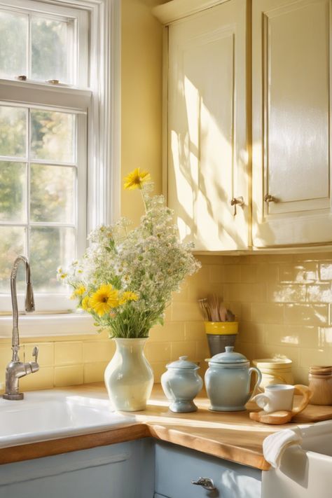 Bright kitchen with yellow walls, blue cabinets, and a vase of yellow and white flowers on the countertop next to ceramic jars and a coffee cup. Cheerful Kitchen Ideas, Yellow Home Aesthetic, Yellow Walls Green Cabinets, Yellow And Wood Kitchen, Small Kitchen Wall Colors, Yellow Wall Kitchen, Home Decor Ideas Color Schemes, Kitchen Design Palette, Yellow Walls Kitchen