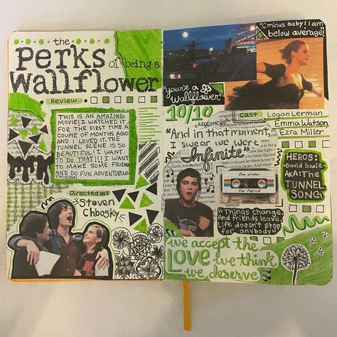 Juliana🤍 on Instagram: “The Perks of being a wallflower💚 - I love this movie!!! It was one of the first few movies I did in my journal #perksofbeingawallflower…” Show Journal Ideas, Movie Journaling Ideas, Journal Layout Aesthetic, Perks Of Being A Wallflower Drawing, Journal Ideas Movies, Movie Journal Ideas, Perks Of Being A Wallflower Aesthetic, Film Review Journal, Movie Sketchbook