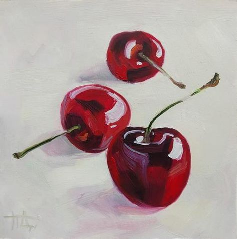 Daily Paintworks - "Cherries" - Original Fine Art for Sale - © Dasha Piven Still Life Oil Painting Fine Art, Cherry Still Life, Watercolor Cherries, Painted Cherries, Cherry Painting, Minimalist Still Life, Cherry Art, Cherries Painting, Simple Oil Painting