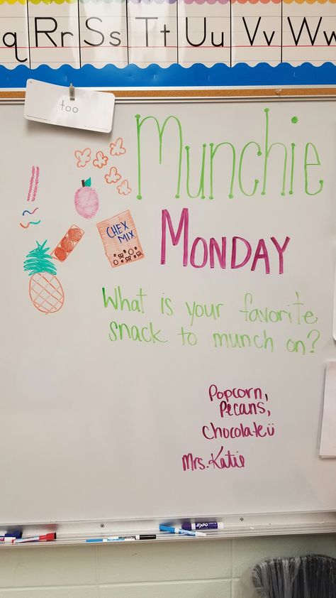 Munchie Monday-- random questions each day/week on a white board that people can write on during their lunch period?! Employees Engagement Activities, Monday Classroom Morning Message, Monday White Board Prompt, Monday Classroom Board, White Board Question Of The Day, Daily Classroom Questions, Monday Question Of The Day Classroom, Monday Board Prompts, School White Board Ideas