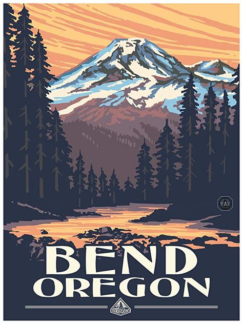 Bend Oregon Mountain Sunset Travel Art Print Poster by Paul A. Lanquist (18" x 24") Mountain Sunset Art, Travel Graphics, Oregon Mountains, Bigfoot Art, Mount Baker, Palette Projects, Travel Artwork, Cascade Mountains, Mountain Sunset