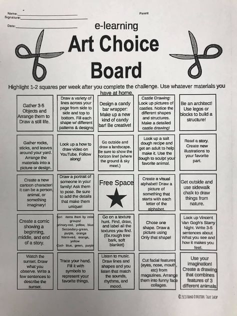 Art Stations For Elementary, Homeschool Art Projects Middle School, Middle School Art Curriculum, Cool Art Projects For High School, Art Choice Board, Art Lessons For Elementary, Art Projects For Middle School, Styles Of Art, Black Bars