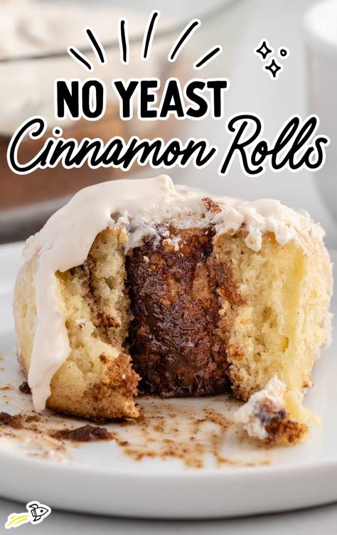 a close up shot of a slice of No yeast Cinnamon Rolls on a plate with a bite taken out of it Cinnamon Rolls No Yeast, Cinnamon Rolls Without Yeast, Rolls No Yeast, Yeast Cinnamon Rolls, No Yeast Cinnamon Rolls, No Yeast Bread, Cinnamon Roll Dough, Canned Frosting, Spaceships And Laser Beams