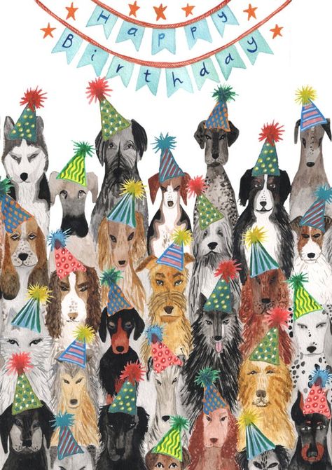 Dogs Birthday! A beautiful illustrated greetings card by Hattie Buckwell Designed and printed in the UK on FSC certified card. The inside is left blank for your own message. Comes with a white envelope. Card measures 10.5 x 14.8cm (4.1 x 5.8")Cards are packaged in a printed paper bag (plastic-free!) and sent in a hard-backed envelope to ensure a safe journey to you.  All work is © Hattie Buckwell 2018 Birthday Dogs, Dog's Birthday, Happy Birthday Dog Lover Funny, Happy Birthday Dogs Wishes, Happy Birthday Dog Lover, Happy Birthday Dogs, Birthday Dog, Dog Birthday Wishes, Dog Party Hat