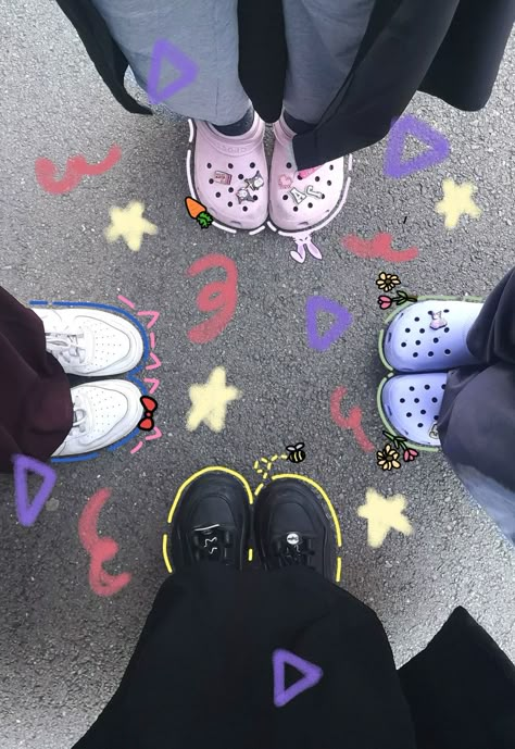 #friends #aesthetic #poseideas #feedfiller #shoes #crocs #doodles #crayon #sanrio #hellokitty Aesthetic Four Friends Pictures, Aesthetic Shoes Photo Friends, Friend Shoes Aesthetic, Shoe Pic Ideas, Photo Ideas Friends Aesthetic, Friend Shoes Picture, 4 Aesthetic Friends, Aesthetic Pic With Friends, Funny Picture Ideas For Friends