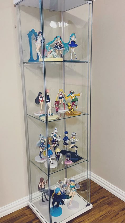 Detolf Shelf, Display Glass Cabinet, Anime Figure Organization, Glass Cabinet Figures, Anime Figure Shelf Display, Figure Display Cabinet, Anime Figurine Display, Glass Cabinet Display, Anime Display Ideas