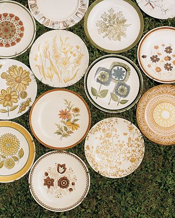 to add whimsy and personality and to save money, find vintage plates at thrift stores for your reception Fall Plates, Mismatched Plates, Mismatched China, Vintage Dinner, Wedding Plates, Patterned Plates, Martha Stewart Weddings, Event Inspiration, Reception Ideas