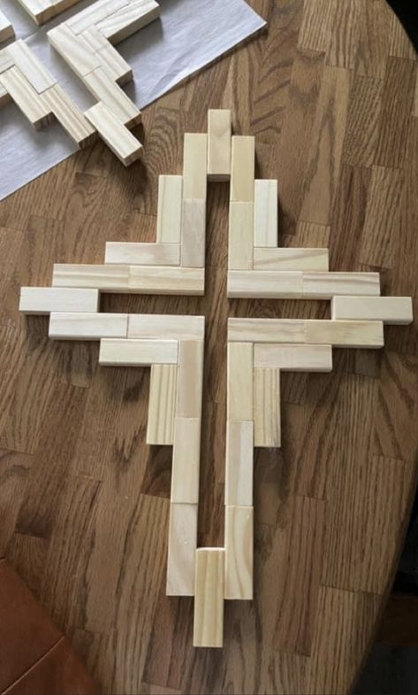 Jenga Cross Craft, Jenga Cross, Jenga Block Cross, Wooden Crosses Diy, Wood Crosses Diy, Wooden Cross Crafts, Cross Frame, Faith Crafts, Easy Yarn Crafts