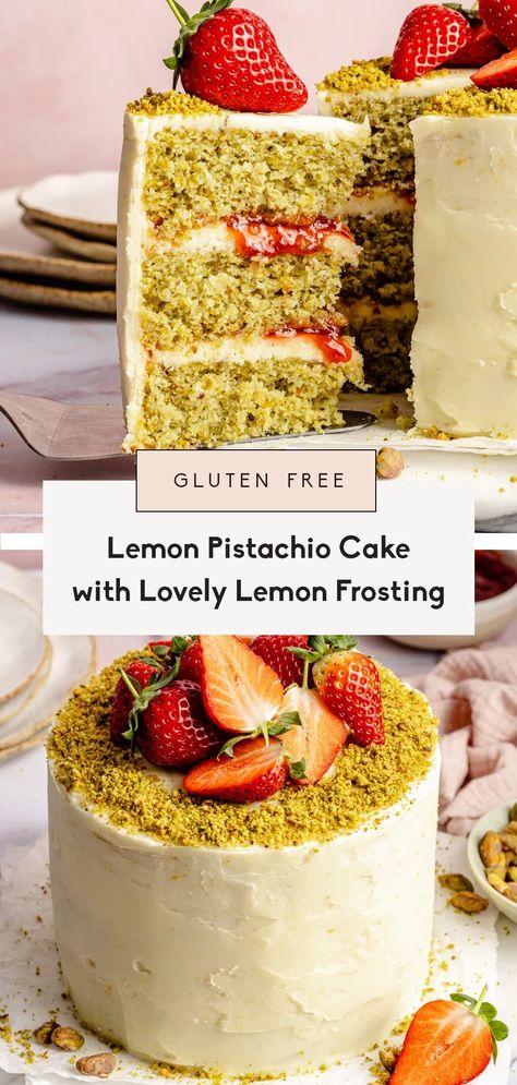 Gluten free lemon pistachio cake with a lovely lemon frosting and fresh berries. This almond flour & oat flour pistachio cake is perfectly sweet with both fresh lemon juice and lemon zest baked right in. Great for Valentine's Day, birthdays, or any special occasions! Gluten Free Pistachio, Lemon Pistachio Cake, Pistachio Cake Recipe, Lemon Pistachio, Lemon Frosting, Ambitious Kitchen, Lemon Buttercream, Pistachio Cake, Round Cake Pans