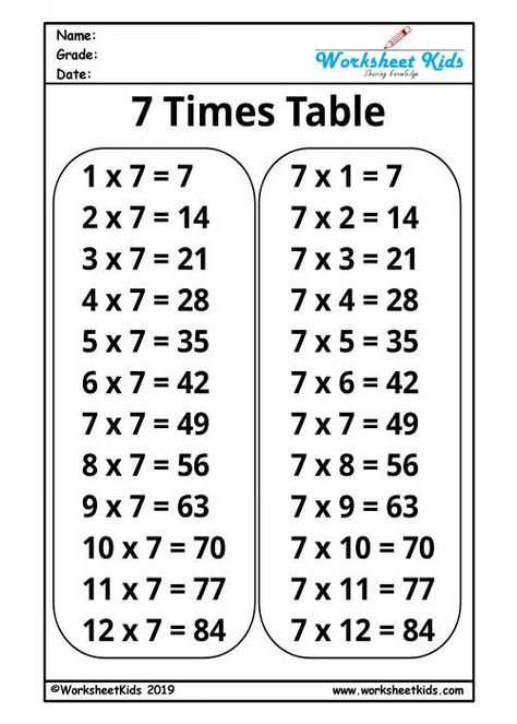 Free printable Multiplication Seven Times Tables for grade 2, grade 3, grade 4, grade 5 Multiplication Table Printable Free, 7 Multiplication, Long Multiplication Worksheets, Easy Multiplication, Multiplication Printables, Multiplication Table Printable, 5 Times Table, Table Multiplication, Free Printable Multiplication Worksheets