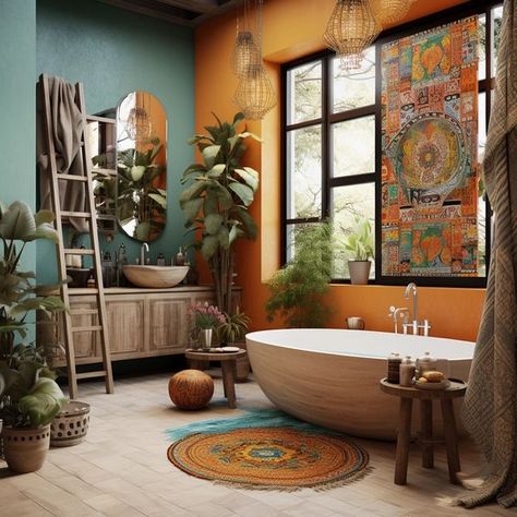 Colourful Boho Bathroom, Plant Wallpaper Bohemian, Bohemian Bathroom Ideas, Boho Style Bathroom, Bohemian Shower Curtain Society6, Modern Bohemian Bathroom Mats & Rugs, Unique Bathrooms, Boho Bathroom Bath Mats & Rugs, Vintage Crates