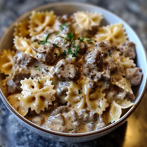 Creamy Beef and Bowtie Pasta - recipes Creamy Beef And Bowtie Pasta, Pasta Recipes Bowtie, Bow Tie Pasta Recipes Ground Beef, Creamy Beef And Bow Tie Pasta, Beef Noodles Recipes, Creamy Beef And Noodles, Pasta With Hamburger, Bowtie Pasta Recipes, Easy Beef Dinner Recipes