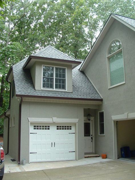 Attached Garage Addition With Bonus Room, Garage Addition Ideas, Cottage Entrance, Backyard Redesign, Gambrel House, Garage Additions, Garage Extension, Garage Floor Paint, Garage Door Types