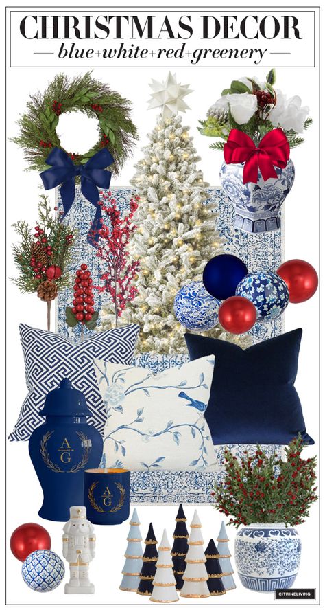 Blue Red White Christmas Tree, Red White Blue Christmas Decor, Blue Beach Christmas Decor, Navy Couch Christmas Decor, Christmas Decor Ideas Blue And Red, Navy Red Christmas Decor, Blue And White Christmas Decor Outdoor, Blue And White Christmas Kitchen, Blue Green Burgundy Christmas