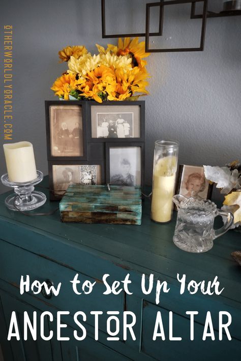 How to set up your own ancestor altar - a step-by-step tutorial + how to maintain it! Ancestral Altar Ideas, Room Cleansing Ritual, Memorial Shrine Ideas, How To Set Up An Altar, Crystal Altar Sacred Space, Alter Ideas Spiritual, Witch Altar Inspiration, Ancestors Altar, Spiritual Altar Ideas