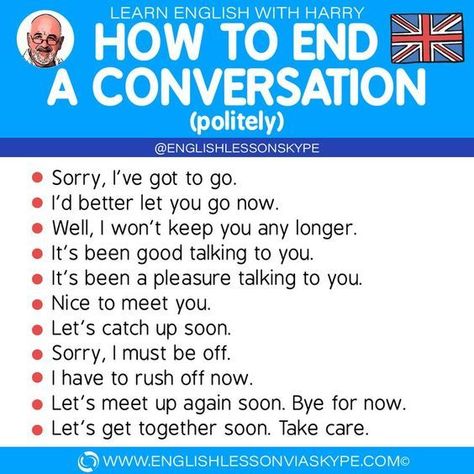 Here are some polite ways to end a conversation in English. Everyday English Phrases, Conversation In English, English Everyday, English Expressions, Everyday English, English Conversation, Teaching English Grammar, Improve English, English Learning Spoken