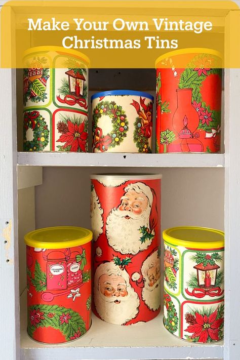 Who doesn’t love a vintage Christmas tin? Let’s make some ourselves by upcycling canisters into retro holiday decorations. We’ll wrap the recyclables in vintage wrapping paper to make them look like tins! This is an easy craft that anyone can DIY. You can use these tins as home decor or to put baked goods inside to give away as a holiday gift! Christmas Tin Can Crafts Ideas, Vintage Christmas Decorations Diy, Dollar Store Christmas Crafts, Vintage Christmas Wrapping Paper, A Vintage Christmas, Wrapping Paper Crafts, Tin Can Crafts, Vintage Christmas Gifts, Vintage Wrapping Paper