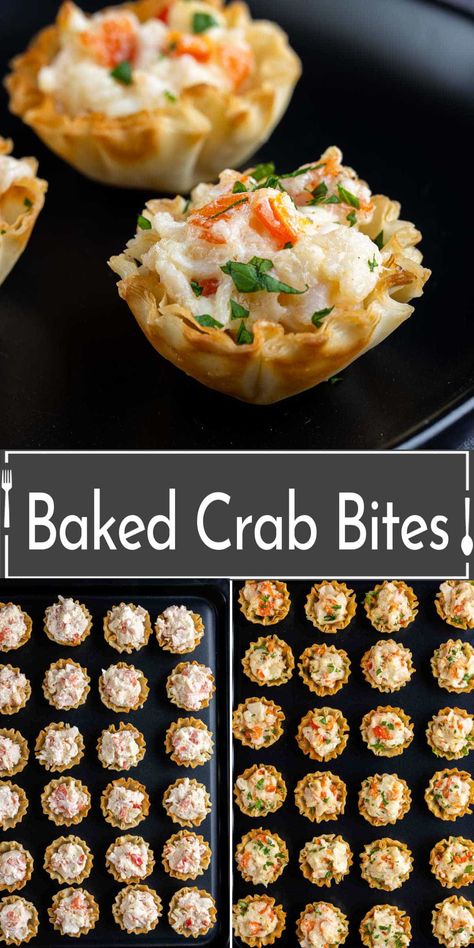 These easy Baked Crab Bites make for the ultimate bite-sized appetizer at parties. The combination of a creamy and savory crab filling with a light, crisp pastry makes them one of the perfect finger foods for parties. Delish Crab Cake Bites, Appetizer Recipes Crab, Lobster Puff Pastry Appetizers, Fish Finger Food Ideas, Seafood Snackers Recipes, Fish Hors D’oeuvres, Party Seafood Ideas, Wedding Appetizer Recipes, Crab Puff Pastry Appetizers