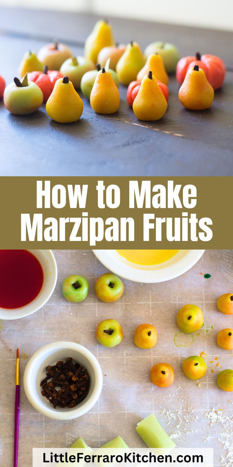 How to make homemade marzipan fruits made into adorable pears, apples and pumpkins, that are perfect for edible holiday gifts. Homemade Marzipan Recipe, Homemade Marzipan, How To Make Marzipan, Marzipan Candy, Apples And Pumpkins, Edible Holiday Gifts, Marzipan Recipe, Marzipan Fruit, Holiday Dessert Recipes