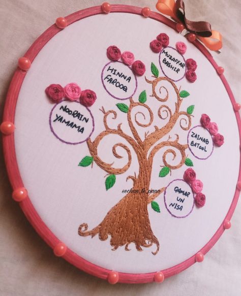 Hand embroidered family tree hoop art #familytree #embroideredfamilytree #handembroidery Family Embroidery Hoop, Family Tree Embroidery, Tree Embroidery, Save Trees, Handmade Embroidery, Easy Diy Art, Hand Embroidery Patterns, Hoop Art, Embroidery Hoop